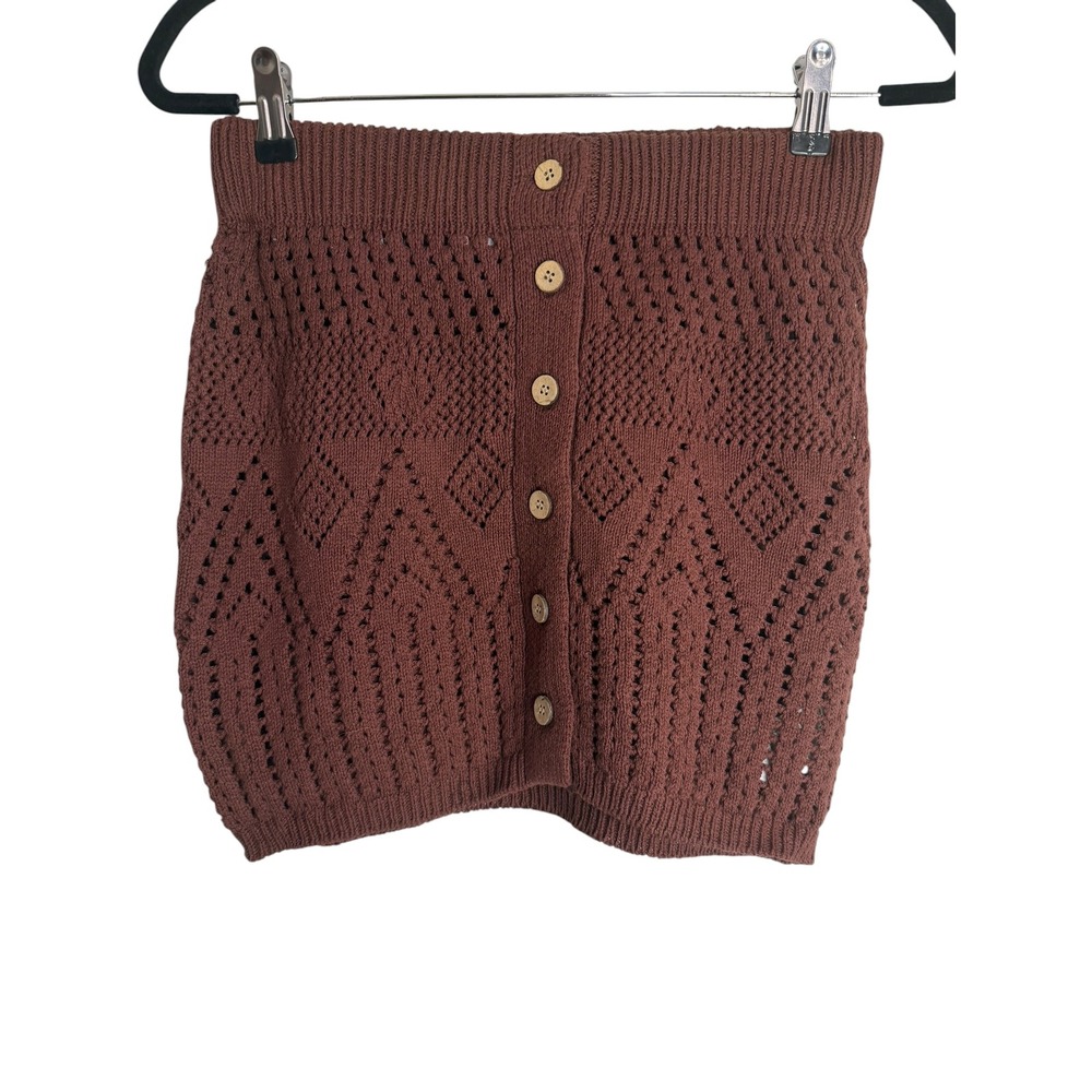 Free People Beach Brown Crochet Knit Button Front Mini Skirt Small
